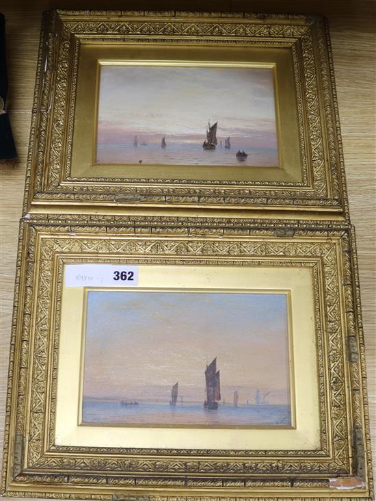 William Jenner, pair of oils on board, Shipping at sea at sunset, signed, 14 x 22cm